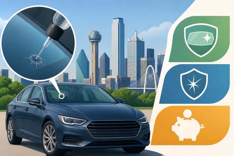 Dallas sedan with a chip-repair close-up and icons for safety and savings