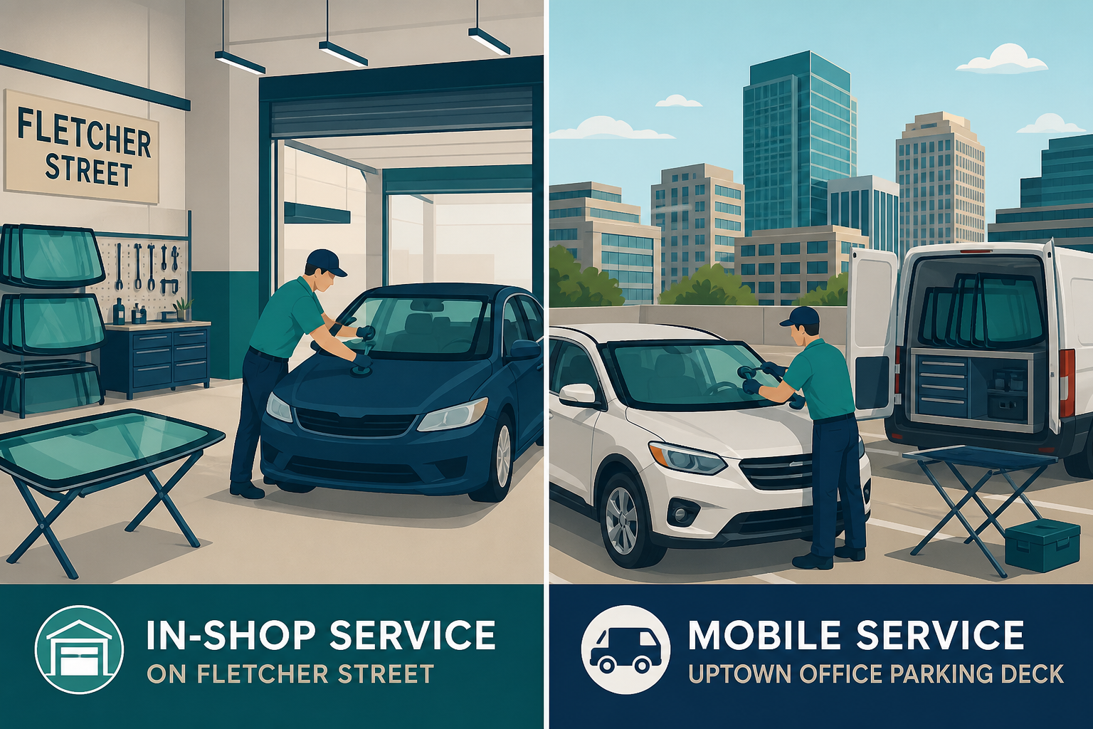 Split illustration of in-shop windshield replacement on Fletcher Street versus mobile service at an Uptown Dallas parking deck.