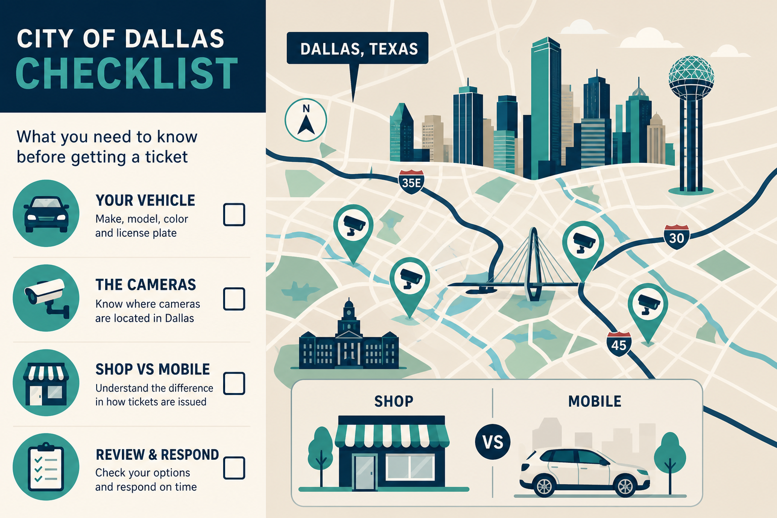 City of Dallas checklist illustration with vehicle, cameras, and shop versus mobile icons for windshield replacement cost in Dallas.