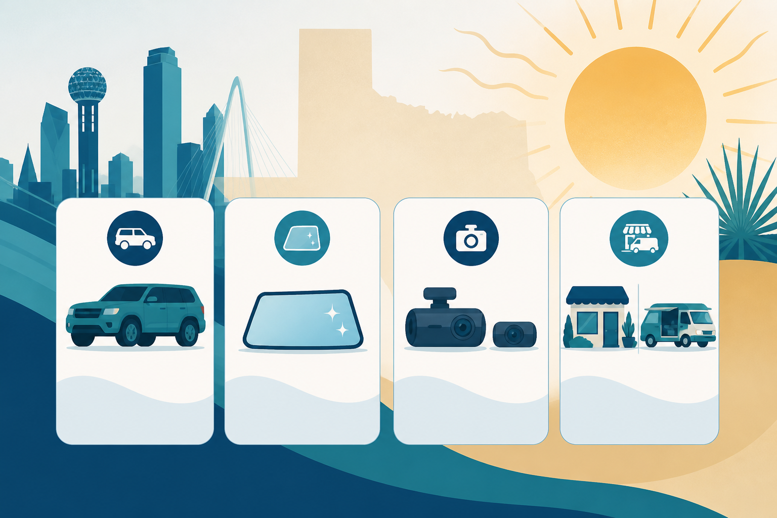 Illustrated quote-building cards for windshield replacement cost in Dallas Texas, showing vehicle, glass type, cameras, and shop versus mobile.