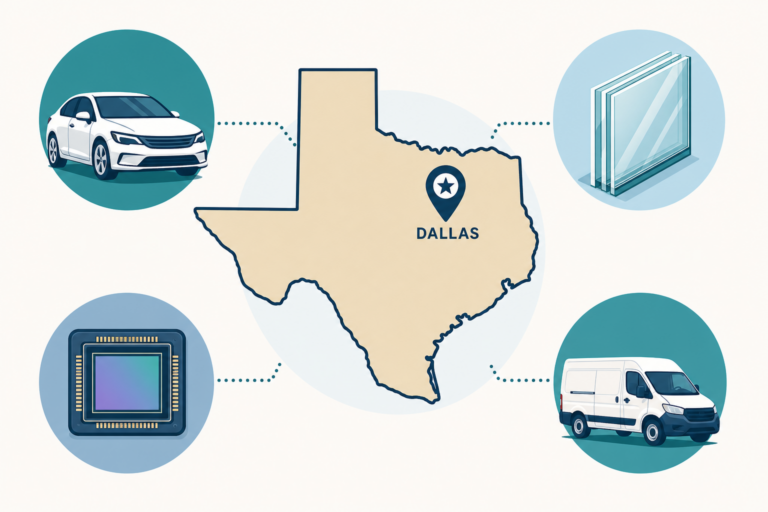 Texas outline with a Dallas pin and icons for vehicle, glass, cameras, and a mobile van explaining windshield replacement cost in Dallas Texas.