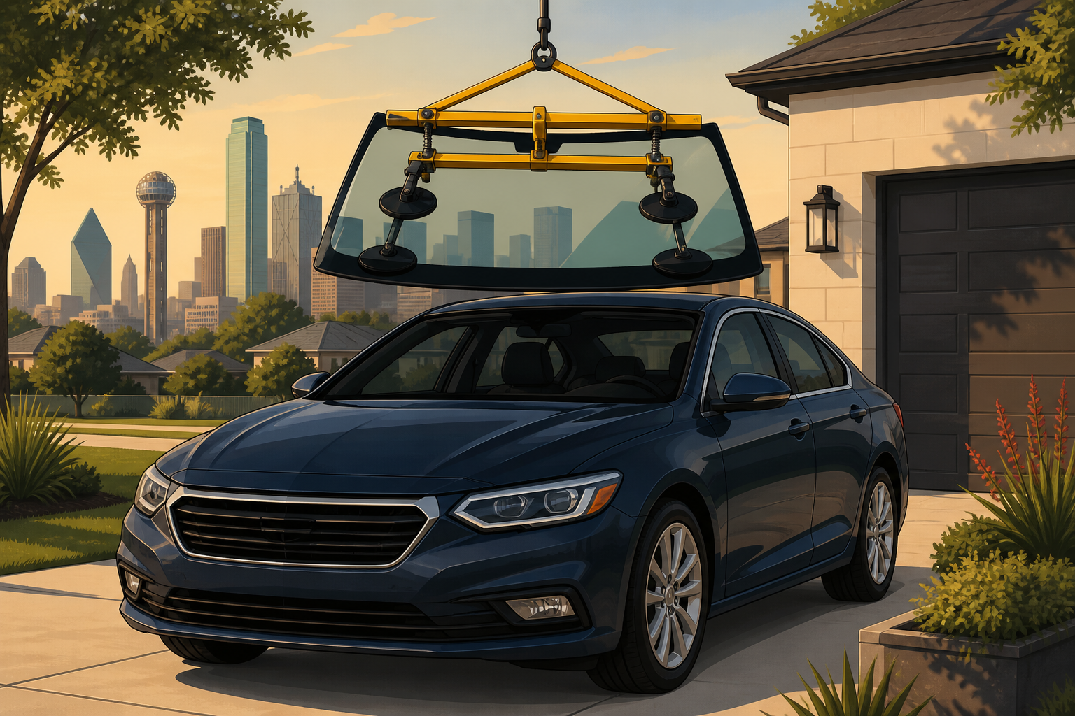 Illustrated windshield set into a Dallas driveway sedan