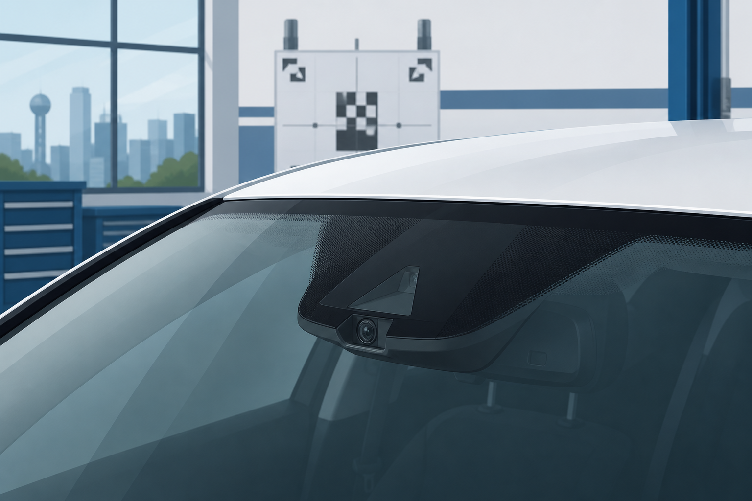 Dallas shop close-up of an ADAS camera housing on a newly installed windshield with a calibration target