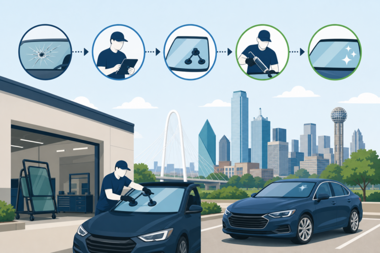 Illustrated Dallas windshield replacement process from cracked glass inspection to a finished sedan