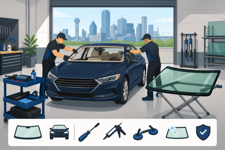 Dallas auto glass shop illustration of a step-by-step windshield replacement around a sedan